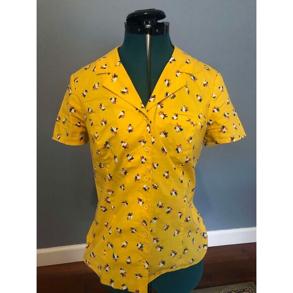🧺Modcloth Daytime Dynamo Yellow Button Up Floral Short Sleeve Blouse, M - Picture 2 of 5
